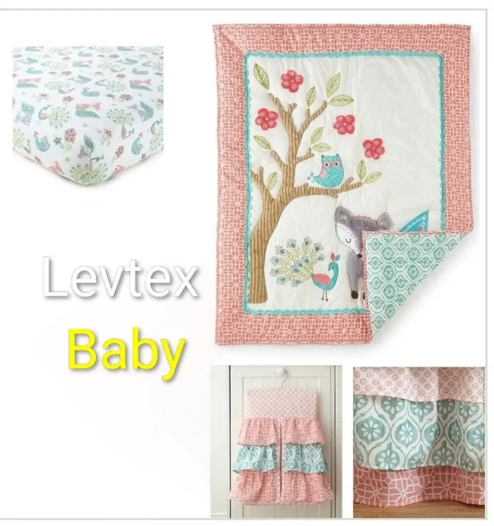 Levtex Baby EUC Fiona 5-Piece Nursery Crib Bedding Set hamper wall flags quilt